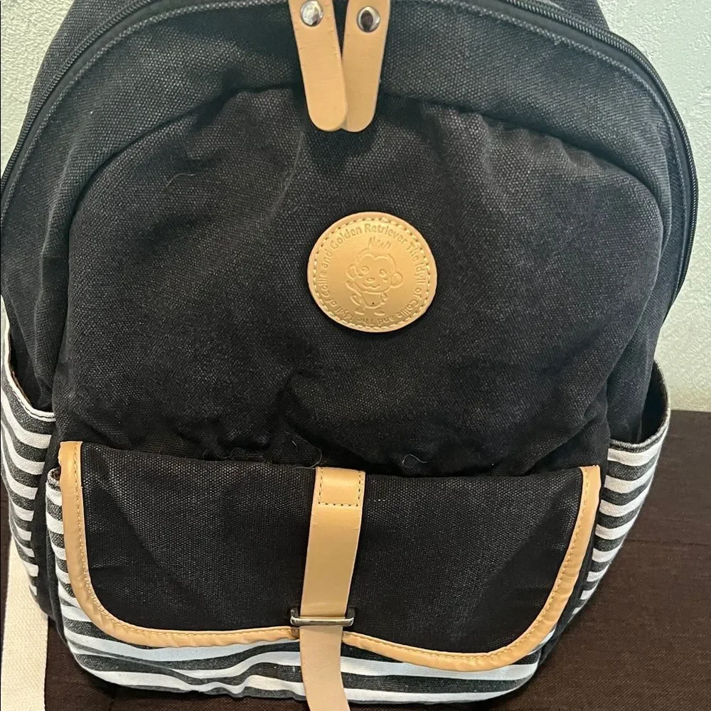#1201: Unisex Deep Dark, Brown, Navy Blue & Tan Striped Backpack Monkey 🐵